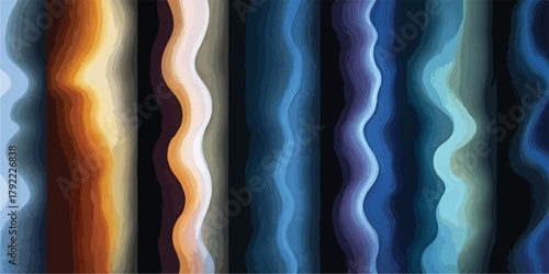 Patrón abstracto de ondas verticales fluidas con gradientes de color cálidos y fríos sobre un fondo oscuro, creando un efecto luminoso y dinámico.