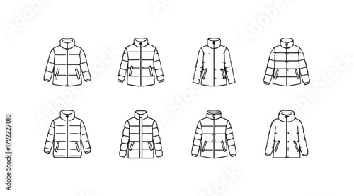 Collection of eight puffer jacket silhouettes with plaid patterns and zipper details silhouette