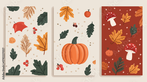 Ilustraciones de arte mural de otoño con hojas, calabazas y setas en colores cálidos.