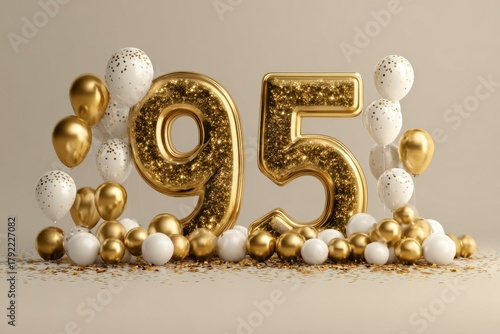Golden Celebration of 95th Birthday with Balloons and Confetti