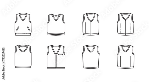 Collection of eight different sleeveless vest apparel designs silhouette