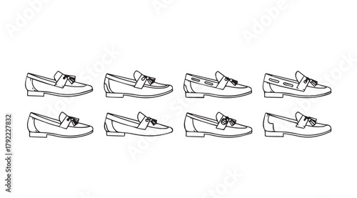Collection of eight classic loafer shoe silhouettes in a row silhouette