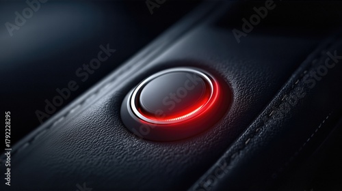 Black Blank Automotive Button With Red LED Ring On Leather Console. Night Interior Detail For Car Dashboard, Luxury Controls, Technology Themes. Car Button Mockup