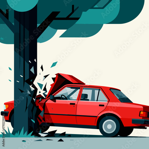 Red car colliding with tree in a stylized graphic illustration  