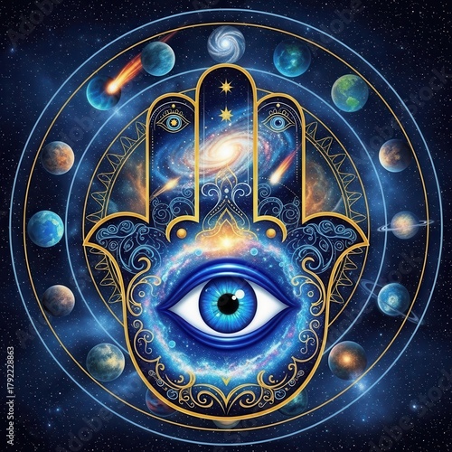 Mystical hamsa hand with celestial bodies illuminating spiritual enlightenment and cosmic insight
