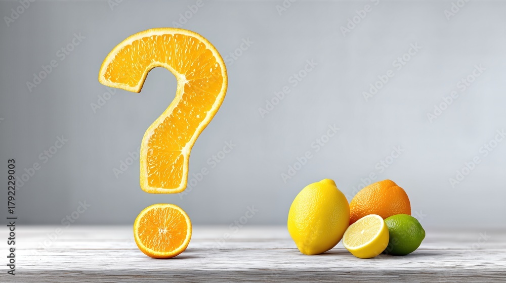 Naklejka premium Orange Question Mark Made Of Citrus Slice. Lemons, Limes, Oranges On Wooden Table. Gray Background With Space For Text. Concept For Diet Or Curiosity