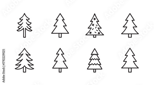 Collection of simple hand drawn christmas tree silhouettes in a clean outline style silhouette