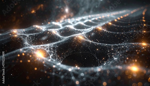 The underlying structure of spacetime, visualized as a delicate, dark lattice of energy. At each intersection, a tiny, bright singularity pulses, connected by faint threads of light.