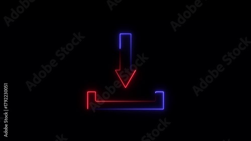 Futuristic neon download icon in dual red and blue animation on black background.