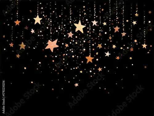 Estrellas doradas y brillo cayendo sobre un fondo negro, creando un efecto festivo y mágico.