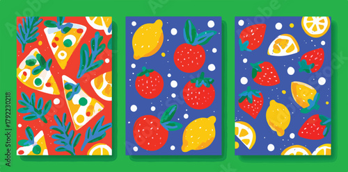 Ilustraciones coloridas de comida: pizza, fresas y limones sobre fondos vibrantes.