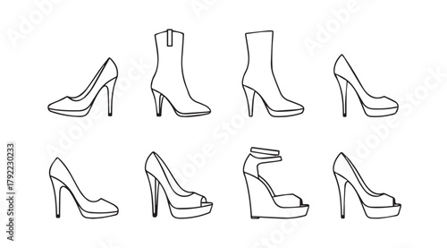 Collection of elegant high heel shoe and boot silhouettes in a sketch style