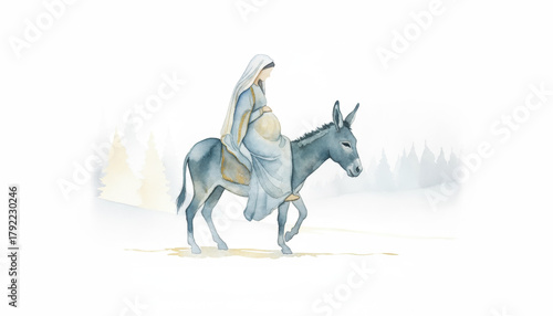 Pregnant Virgin Mary riding a donkey. Watercolor illustration of the biblical Christmas nativity story, isolated on a white background.
