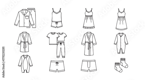 Collection of various clothing items and garments depicted in a sketch silhouette style