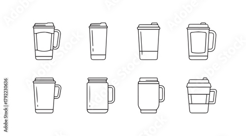 Collection of eight different thermos bottle outlines in silhouette style
