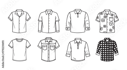 Collection of various shirt styles in a distinctive silhouette illustration
