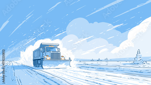 Snowplow clearing snow on a winter road under cloudy sky  