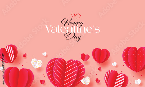 "Happy Valentine's Day" greeting on a pink background with a bottom border of 3D red paper-cut hearts.