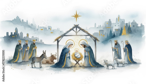 A beautiful watercolor nativity scene. Mary, Joseph, wise men, and shepherds adore baby Jesus in the manger, with the Star of Bethlehem shining over the city of Bethlehem.