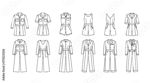 Collection of fashion illustrations of women s outfits in a distinctive silhouette style