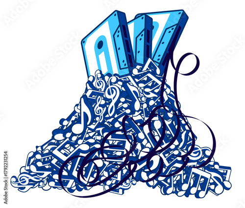 Retro magnetic tape audio cassette advertising of 1970s music party vector banner