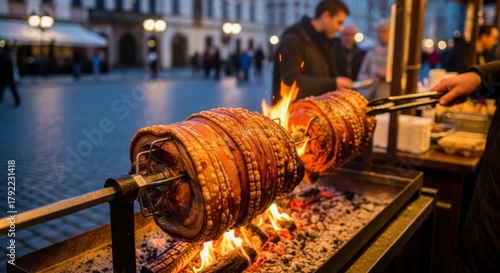 Fototapeta Naklejka Na Ścianę i Meble -  Street food spectacle: Slow-roasted pork turning over an open fire at European market