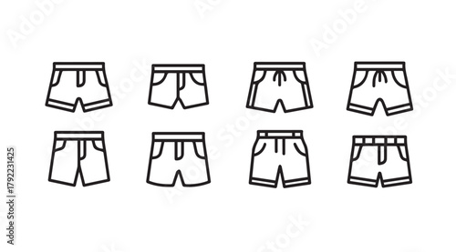 Collection of eight black and white shorts icons in a silhouette style