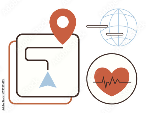 Route with location pin, heartbeat graph on heart, globe with lines highlight navigation, health, and global connectivity. Ideal for travel, healthcare, technology, communication fitness GPS