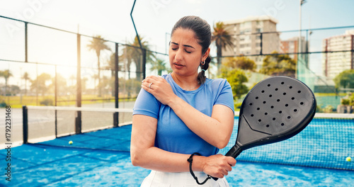 Billede på lærred Athlete, woman and shoulder pain on padel court from fitness, match accident and muscle sprain