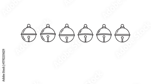 Row of six jingle bell ornaments in a simple black and white silhouette style