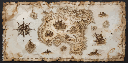 Antiguo mapa detallado de un mundo de fantasía con islas, barcos y una rosa de los vientos, mostrando un reino con un castillo central y montañas.