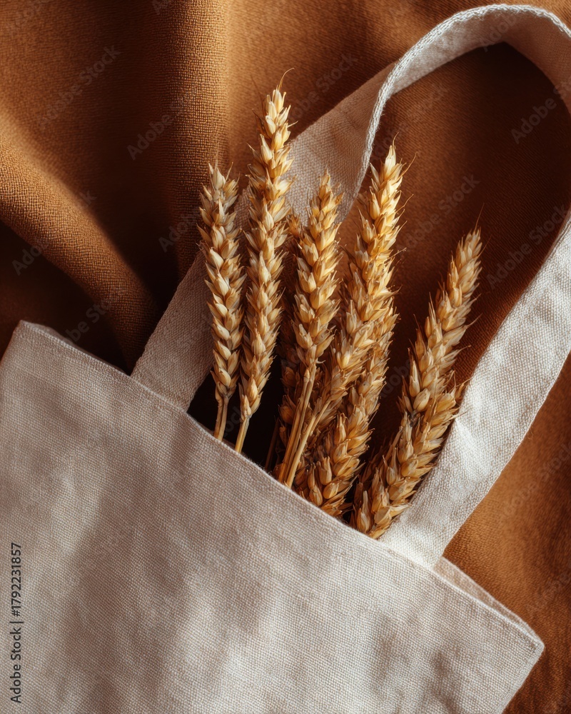 Naklejka premium Eco canvas bag holds several stalks of wheat against a brown fabric background.
