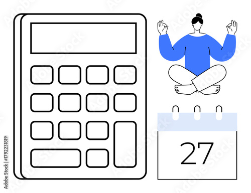 Large calculator, seated person meditating, calendar with date 27. Ideal for balance, time management, mindfulness, financial plan, scheduling relaxation stress relief. Simple flat metaphor