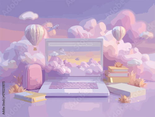Laptop en un entorno de ensueño con nubes pastel, globos aerostáticos y libros, evocando creatividad y aprendizaje.