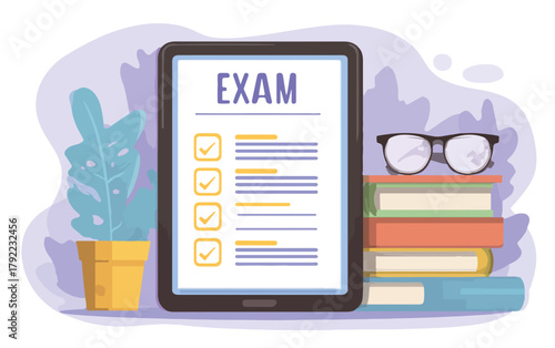 Examen en línea en una tableta con libros y gafas, simbolizando estudio y educación digital.