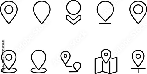 Location and navigation icons set. Map pin, route, destination, global positioning. Outline vector illustrations