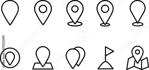 Location and navigation icons set. Map pin, route, destination, global positioning. Outline vector illustrations