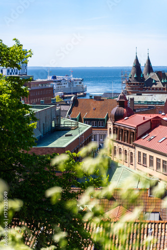 Aerial view of the city center and harbour of Helsingborg