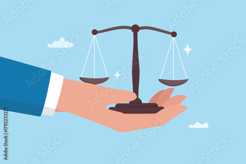 Corporate governance regulation, integrity, honesty ethical, fairness and moral, businessman hand holding integrity balance scale metaphor of legal.