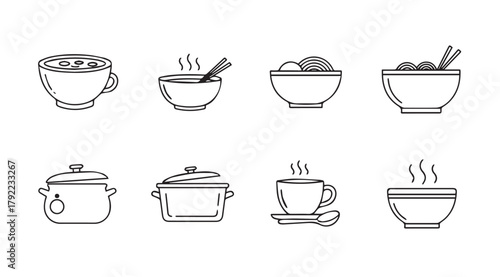 Collection of eight hand drawn food and drink icons in a simple black and white silhouette style