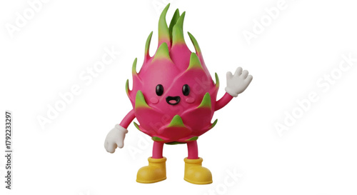 Cute Dragon Fruit Character, 3D Animated Mascot Waving, Friendly Exotic Fruit Design for Kids, Brands, and Healthy Food Marketing