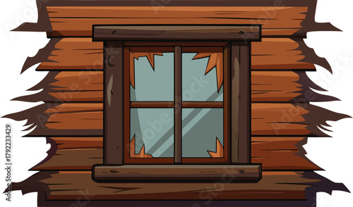Rustic wooden window with broken panes on a weathered building