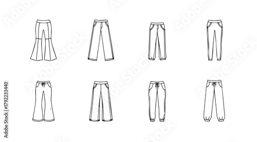 Collection of eight different styles of wide leg trousers drawn in a simple black and white silhouette