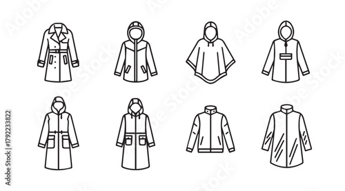 Collection of eight different outerwear clothing items in a simple line drawing silhouette style