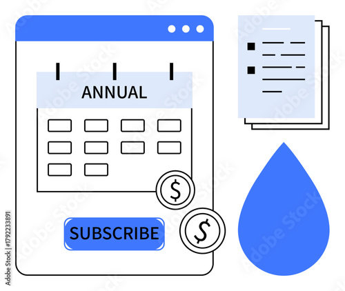 Annual calendar with subscribe button, dollar coins, documents, and water drop symbol. Ideal for subscription, payment, billing, service renewal water plans planning budgeting. Simple flat