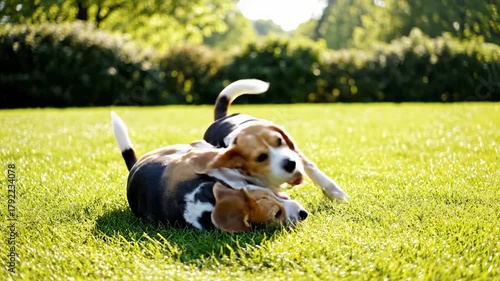 Two Beagle Dogs Playing on Green Lawn in Sunny Day