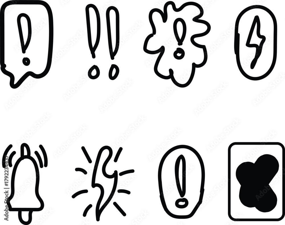 Obraz premium Collection of hand drawn exclamation marks and alert symbols in a simple doodle style