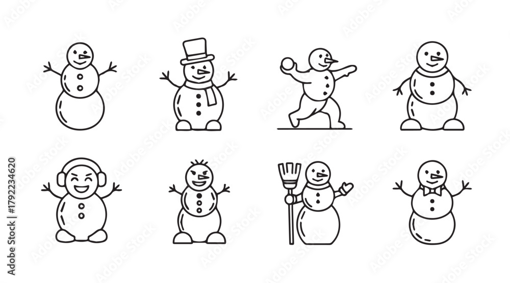 Obraz premium Collection of eight playful snowman illustrations in a distinctive silhouette style