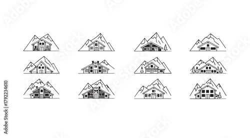Collection of hand drawn mountain cabin silhouettes in a rustic sketch style