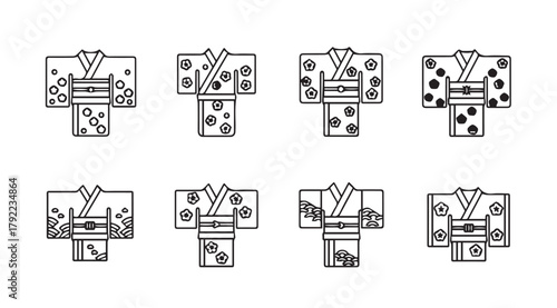 Collection of japanese kimono outfits in a simple line art silhouette style